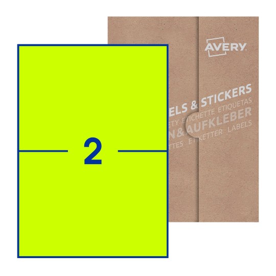 Folha branca com 2 etiquetas adesivas retangulares 210x148 com caixa de embalagem de papel - Etiquetas adesivas retangulares Avery® 210 x 148 mm
