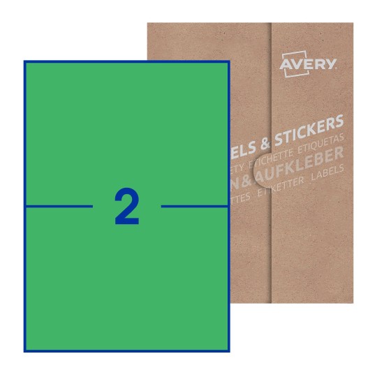 Folha branca com 2 etiquetas adesivas retangulares 210x148 com caixa de embalagem de papel - Etiquetas adesivas retangulares Avery® 210 x 148 mm