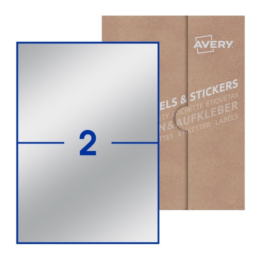 Folha branca com 2 etiquetas adesivas retangulares 210x148 com caixa de embalagem de papel - Etiquetas adesivas retangulares Avery® 210 x 148 mm