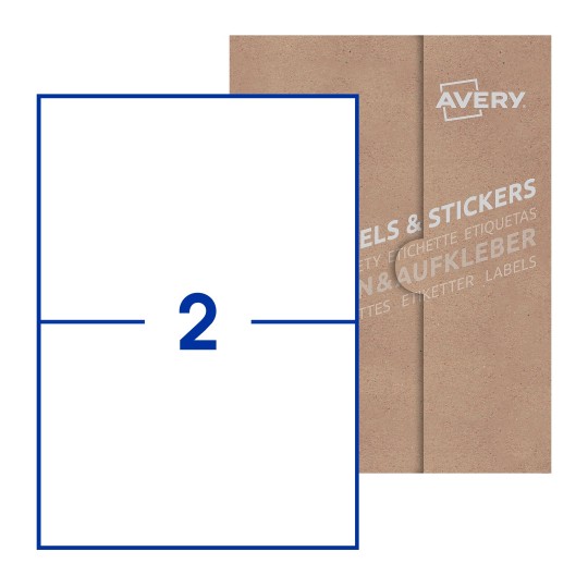 Folha branca com 2 etiquetas adesivas retangulares 210x148 com caixa de embalagem de papel - Etiquetas adesivas retangulares Avery® 210 x 148 mm
