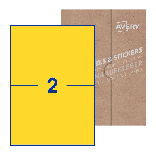 Folha branca com 2 etiquetas adesivas retangulares 210x148 com caixa de embalagem de papel - Etiquetas adesivas retangulares Avery® 210 x 148 mm