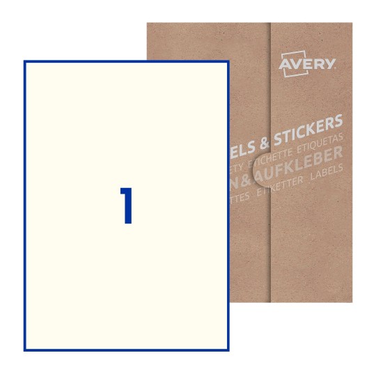 Folha branca com 1 etiqueta adesiva retangular 210x297 com caixa de embalagem de papel - Etiquetas adesivas retangulares Avery® 210 x 297 mm