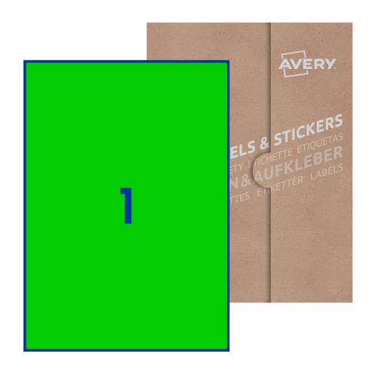 Folha branca com 1 etiqueta adesiva retangular 210x297 com caixa de embalagem de papel - Etiquetas adesivas retangulares Avery® 210 x 297 mm