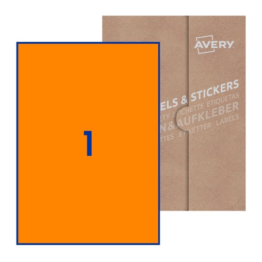 Folha branca com 1 etiqueta adesiva retangular 210x297 com caixa de embalagem de papel - Etiquetas adesivas retangulares Avery® 210 x 297 mm