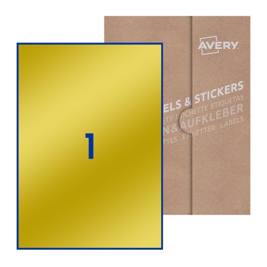 Folha branca com 1 etiqueta adesiva retangular 210x297 com caixa de embalagem de papel - Etiquetas adesivas retangulares Avery® 210 x 297 mm