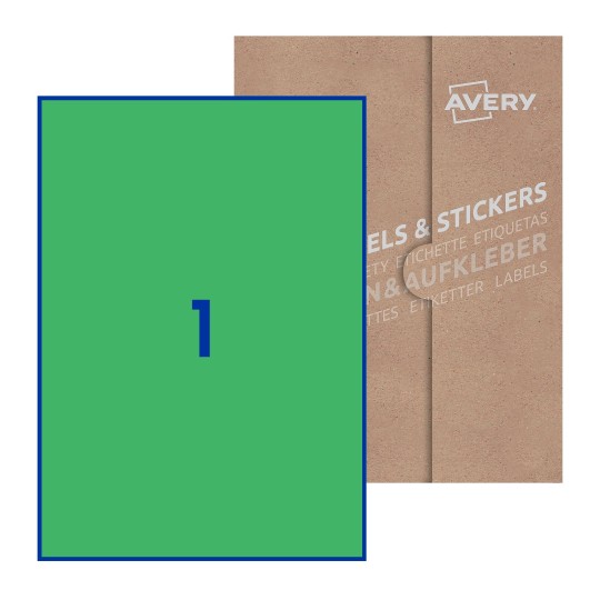 Folha branca com 1 etiqueta adesiva retangular 210x297 com caixa de embalagem de papel - Etiquetas adesivas retangulares Avery® 210 x 297 mm