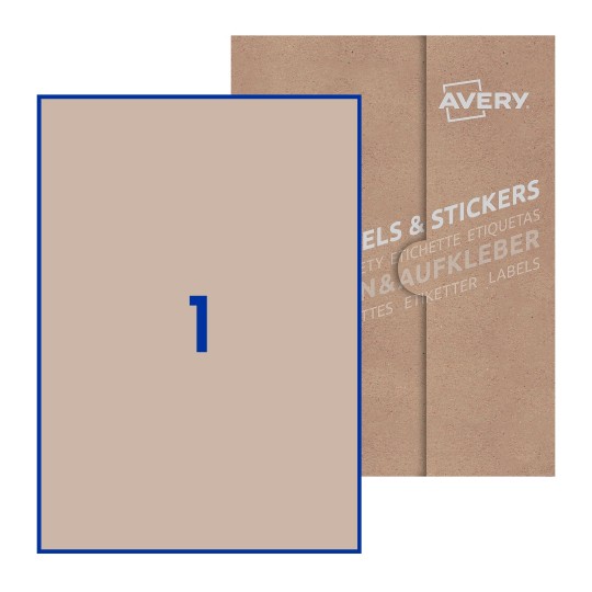 Folha branca com 1 etiqueta adesiva retangular 210x297 com caixa de embalagem de papel - Etiquetas adesivas retangulares Avery® 210 x 297 mm