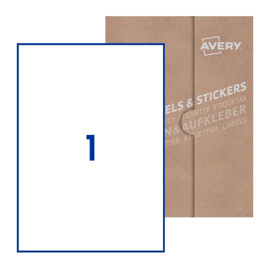 Folha branca com 1 etiqueta adesiva retangular 210x297 com caixa de embalagem de papel - Etiquetas adesivas retangulares Avery® 210 x 297 mm