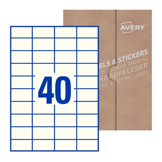 folha branca com 40 etiquetas adesivas retangulares 52x30 com caixa de embalagem de papel - Etiquetas adesivas retangulares Avery® 52 x 30 mm