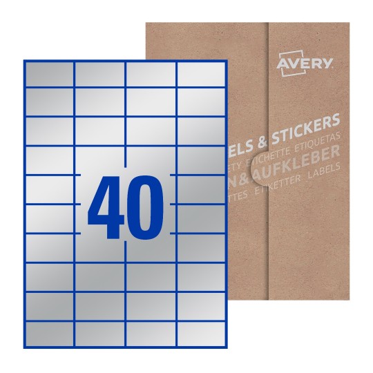 folha branca com 40 etiquetas adesivas retangulares 52x30 com caixa de embalagem de papel - Etiquetas adesivas retangulares Avery® 52 x 30 mm