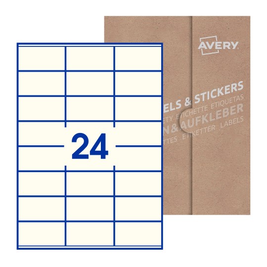 folha branca com 24 etiquetas adesivas retangulares 70x36 com caixa de embalagem de papel - Etiquetas adesivas retangulares Avery® 70 x 36 mm