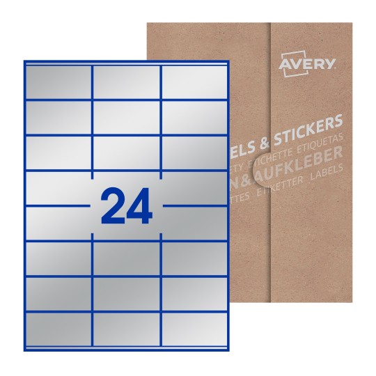 folha branca com 24 etiquetas adesivas retangulares 70x36 com caixa de embalagem de papel - Etiquetas adesivas retangulares Avery® 70 x 36 mm