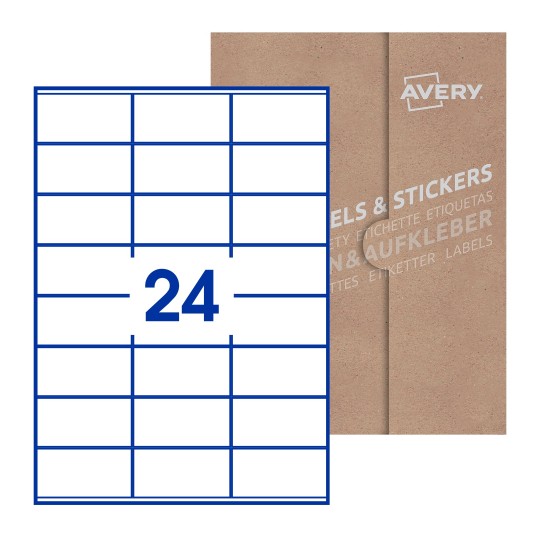 folha branca com 24 etiquetas adesivas retangulares 70x36 com caixa de embalagem de papel - Etiquetas adesivas retangulares Avery® 70 x 36 mm