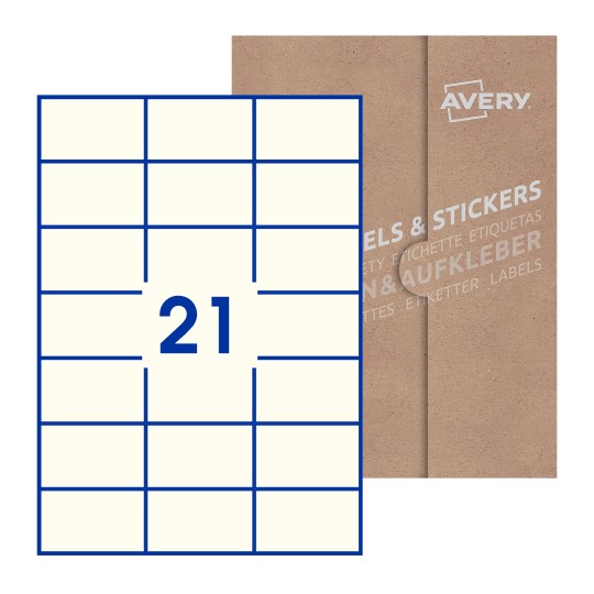 folha branca com 21 etiquetas adesivas retangulares 72x42 com caixa de embalagem de papel - Etiquetas adesivas retangulares Avery® 70 x 42 mm 