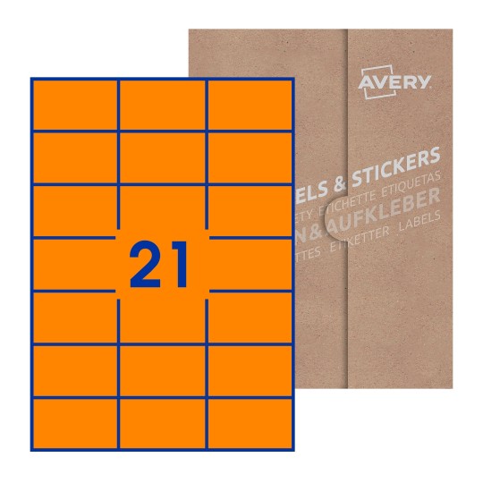 folha branca com 21 etiquetas adesivas retangulares 72x42 com caixa de embalagem de papel - Etiquetas adesivas retangulares Avery® 70 x 42 mm 