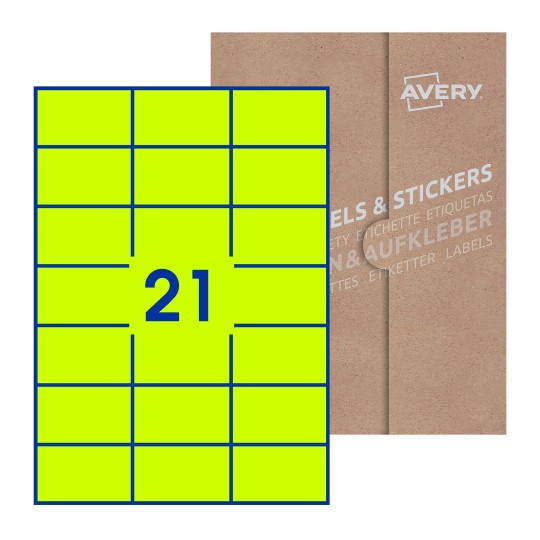 folha branca com 21 etiquetas adesivas retangulares 72x42 com caixa de embalagem de papel - Etiquetas adesivas retangulares Avery® 70 x 42 mm 