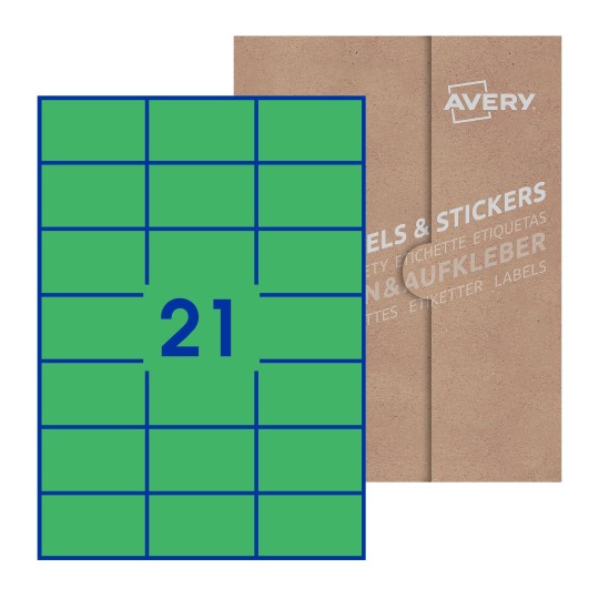 folha branca com 21 etiquetas adesivas retangulares 72x42 com caixa de embalagem de papel - Etiquetas adesivas retangulares Avery® 70 x 42 mm 