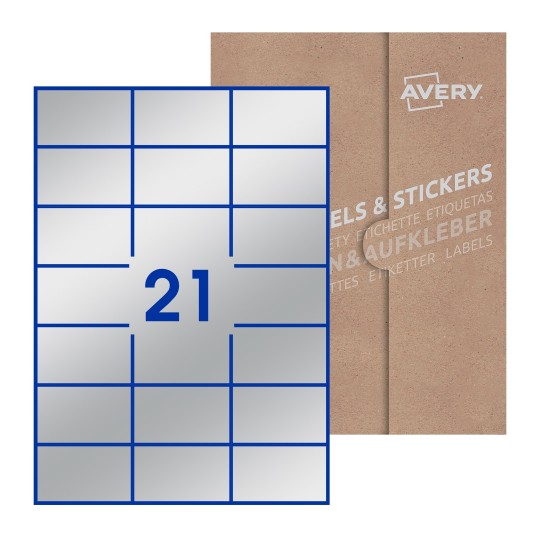 folha branca com 21 etiquetas adesivas retangulares 72x42 com caixa de embalagem de papel - Etiquetas adesivas retangulares Avery® 70 x 42 mm 
