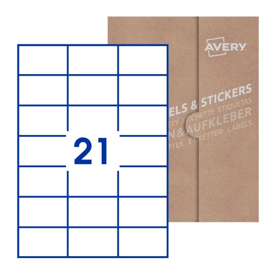 folha branca com 21 etiquetas adesivas retangulares 72x42 com caixa de embalagem de papel - Etiquetas adesivas retangulares Avery® 70 x 42 mm 