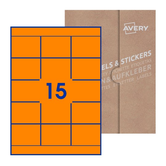 folha branca com 15 etiquetas adesivas retangulares 70x51 com caixa de embalagem de papel - Etiquetas adesivas retangulares Avery® 70 x 51 mm 