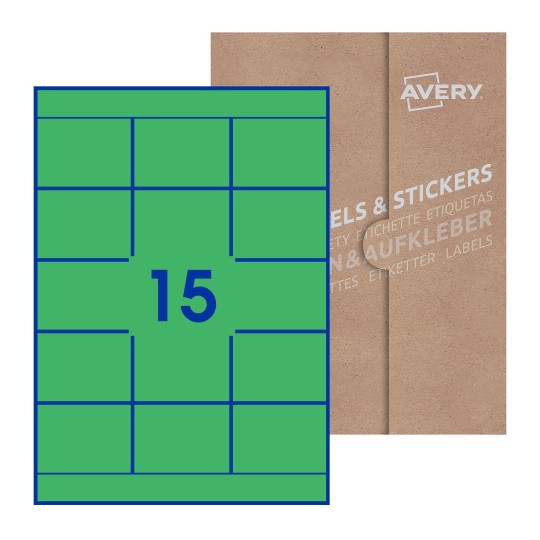 folha branca com 15 etiquetas adesivas retangulares 70x51 com caixa de embalagem de papel - Etiquetas adesivas retangulares Avery® 70 x 51 mm 