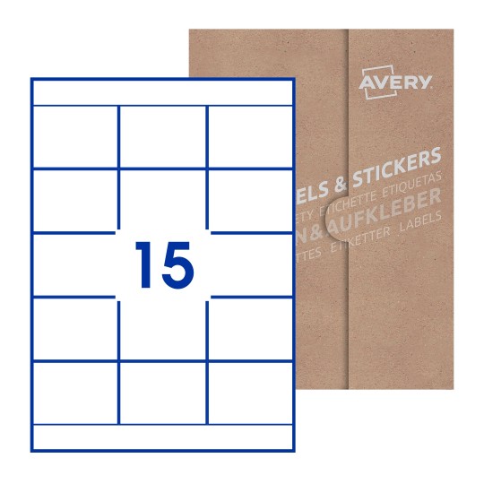 folha branca com 15 etiquetas adesivas retangulares 70x51 com caixa de embalagem de papel - Etiquetas adesivas retangulares Avery® 70 x 51 mm 