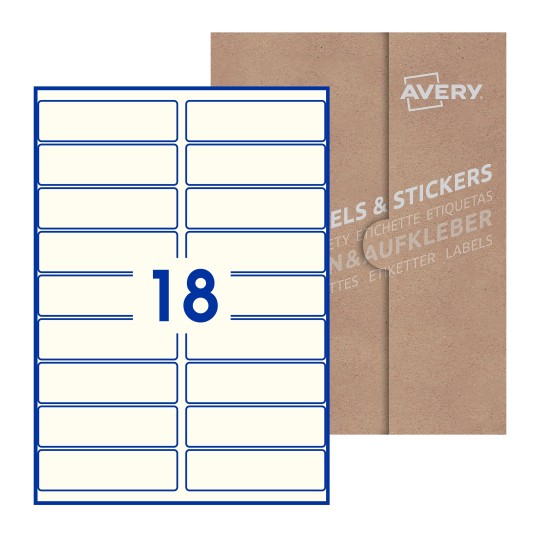 Folha branca com 18 etiquetas adesivas retangulares 100x30 com caixa de embalagem de papel - Etiquetas adesivas retangulares Avery® 100 x 30 mm