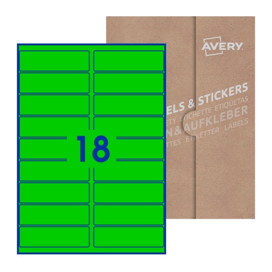 Folha branca com 18 etiquetas adesivas retangulares 100x30 com caixa de embalagem de papel - Etiquetas adesivas retangulares Avery® 100 x 30 mm