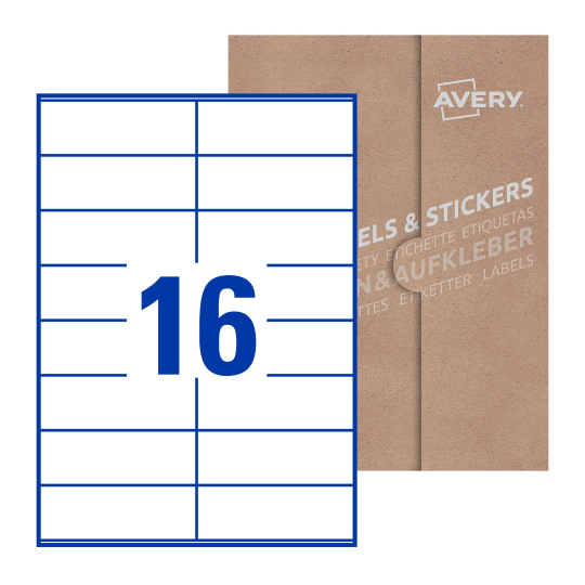 folha branca com 16 etiquetas adesivas retangulares 105x36 com caixa de embalagem de papel - Etiquetas adesivas retangulares Avery® 105 x 36 mm