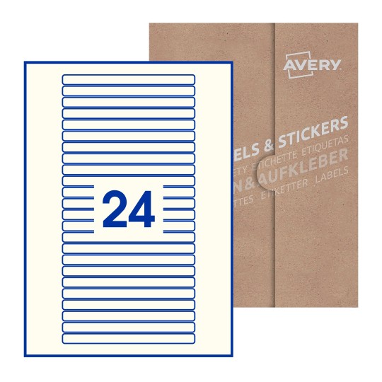 Folha branca com 24 etiquetas adesivas retangulares 134x11 com caixa de embalagem de papel - Etiquetas adesivas retangulares Avery® 134 x 11 mm