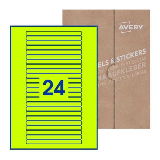 Folha branca com 24 etiquetas adesivas retangulares 134x11 com caixa de embalagem de papel - Etiquetas adesivas retangulares Avery® 134 x 11 mm