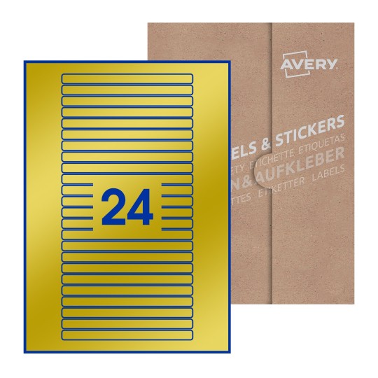 Folha branca com 24 etiquetas adesivas retangulares 134x11 com caixa de embalagem de papel - Etiquetas adesivas retangulares Avery® 134 x 11 mm