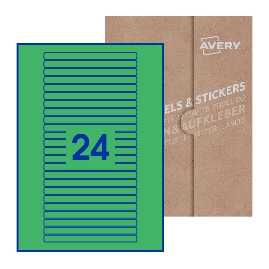 Folha branca com 24 etiquetas adesivas retangulares 134x11 com caixa de embalagem de papel - Etiquetas adesivas retangulares Avery® 134 x 11 mm