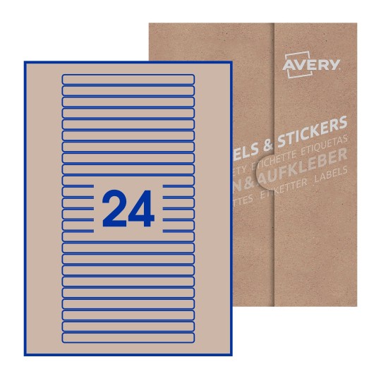 Folha branca com 24 etiquetas adesivas retangulares 134x11 com caixa de embalagem de papel - Etiquetas adesivas retangulares Avery® 134 x 11 mm