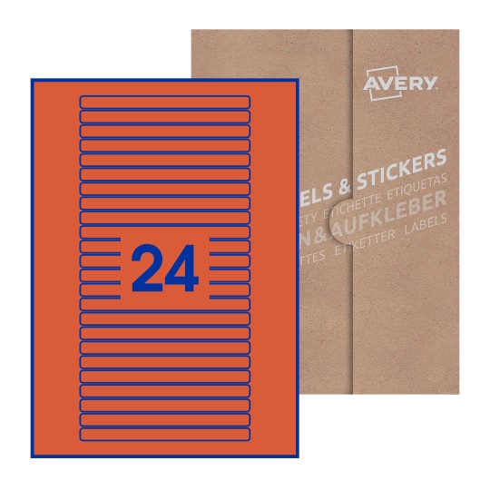 Folha branca com 24 etiquetas adesivas retangulares 134x11 com caixa de embalagem de papel - Etiquetas adesivas retangulares Avery® 134 x 11 mm