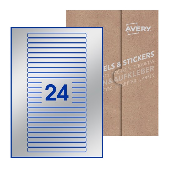 Folha branca com 24 etiquetas adesivas retangulares 134x11 com caixa de embalagem de papel - Etiquetas adesivas retangulares Avery® 134 x 11 mm