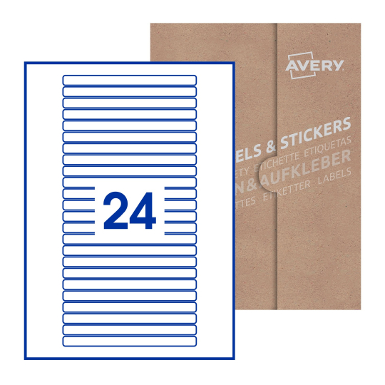 Folha branca com 24 etiquetas adesivas retangulares 134x11 com caixa de embalagem de papel - Etiquetas adesivas retangulares Avery® 134 x 11 mm