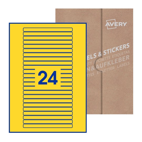 Folha branca com 24 etiquetas adesivas retangulares 134x11 com caixa de embalagem de papel - Etiquetas adesivas retangulares Avery® 134 x 11 mm