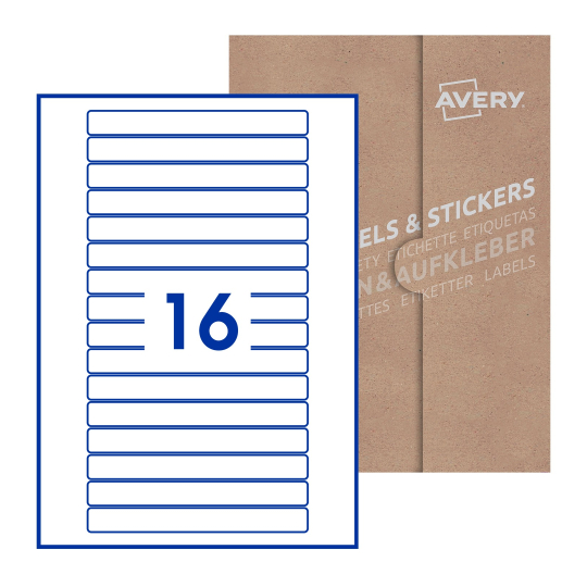 Folha branca com 16 etiquetas adesivas retangulares 145x17 com caixa de embalagem de papel - Etiquetas adesivas retangulares Avery® 145 x 17 mm
