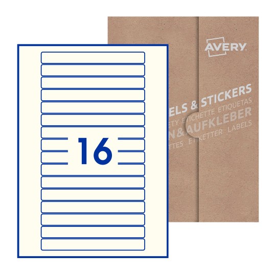Folha branca com 16 etiquetas adesivas retangulares 145x17 com caixa de embalagem de papel - Etiquetas adesivas retangulares Avery® 145 x 17 mm