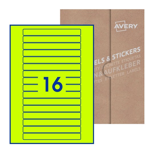 Folha branca com 16 etiquetas adesivas retangulares 145x17 com caixa de embalagem de papel - Etiquetas adesivas retangulares Avery® 145 x 17 mm
