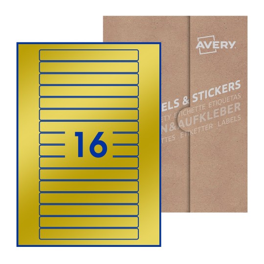 Folha branca com 16 etiquetas adesivas retangulares 145x17 com caixa de embalagem de papel - Etiquetas adesivas retangulares Avery® 145 x 17 mm