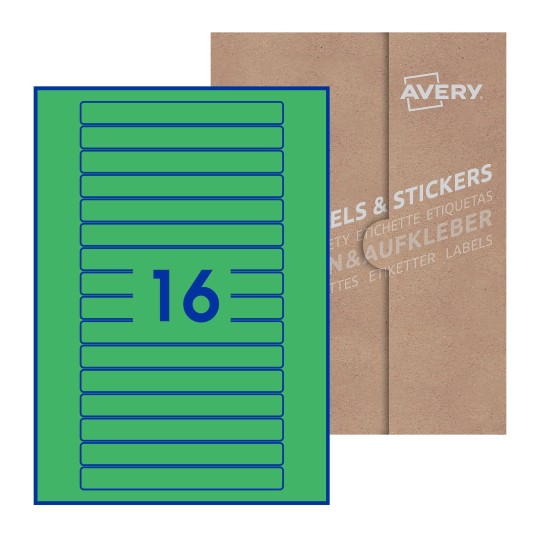 Folha branca com 16 etiquetas adesivas retangulares 145x17 com caixa de embalagem de papel - Etiquetas adesivas retangulares Avery® 145 x 17 mm