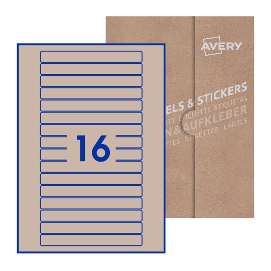 Folha branca com 16 etiquetas adesivas retangulares 145x17 com caixa de embalagem de papel - Etiquetas adesivas retangulares Avery® 145 x 17 mm
