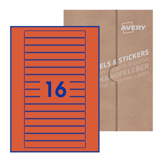 Folha branca com 16 etiquetas adesivas retangulares 145x17 com caixa de embalagem de papel - Etiquetas adesivas retangulares Avery® 145 x 17 mm