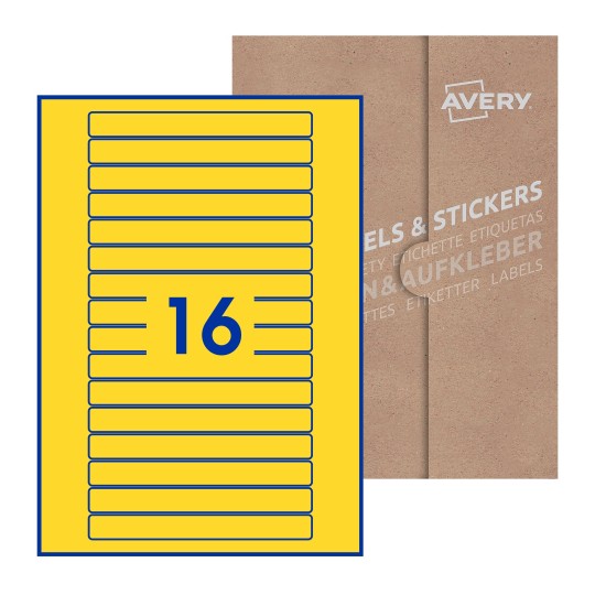Folha branca com 16 etiquetas adesivas retangulares 145x17 com caixa de embalagem de papel - Etiquetas adesivas retangulares Avery® 145 x 17 mm