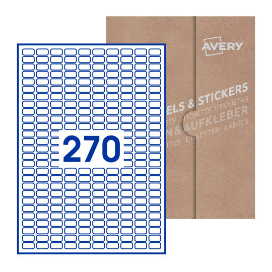 Folha branca com 270 etiquetas adesivas retangulares 18x10 com caixa de embalagem de papel - Etiquetas adesivas retangulares Avery® 18 x 10 mm