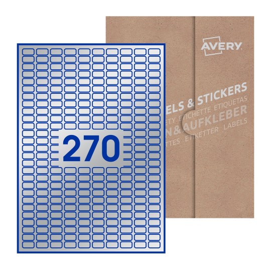 Folha branca com 270 etiquetas adesivas retangulares 18x10 com caixa de embalagem de papel - Etiquetas adesivas retangulares Avery® 18 x 10 mm