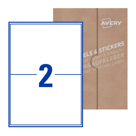folha branca com 2 etiquetas adesivas retangulares 200x142 com caixa de embalagem de papel - Etiquetas adesivas retangulares Avery® 200 x 142 mm