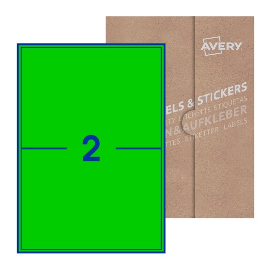 folha branca com 2 etiquetas adesivas retangulares 200x144 com caixa de embalagem de papel - Etiquetas adesivas retangulares Avery® 200 x 144 mm